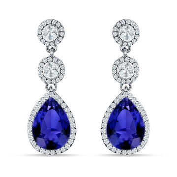 Pear Teardrop Halo Drop Dangle Earring Blue Sapphire CZ 925 Sterling Silver Wholesale